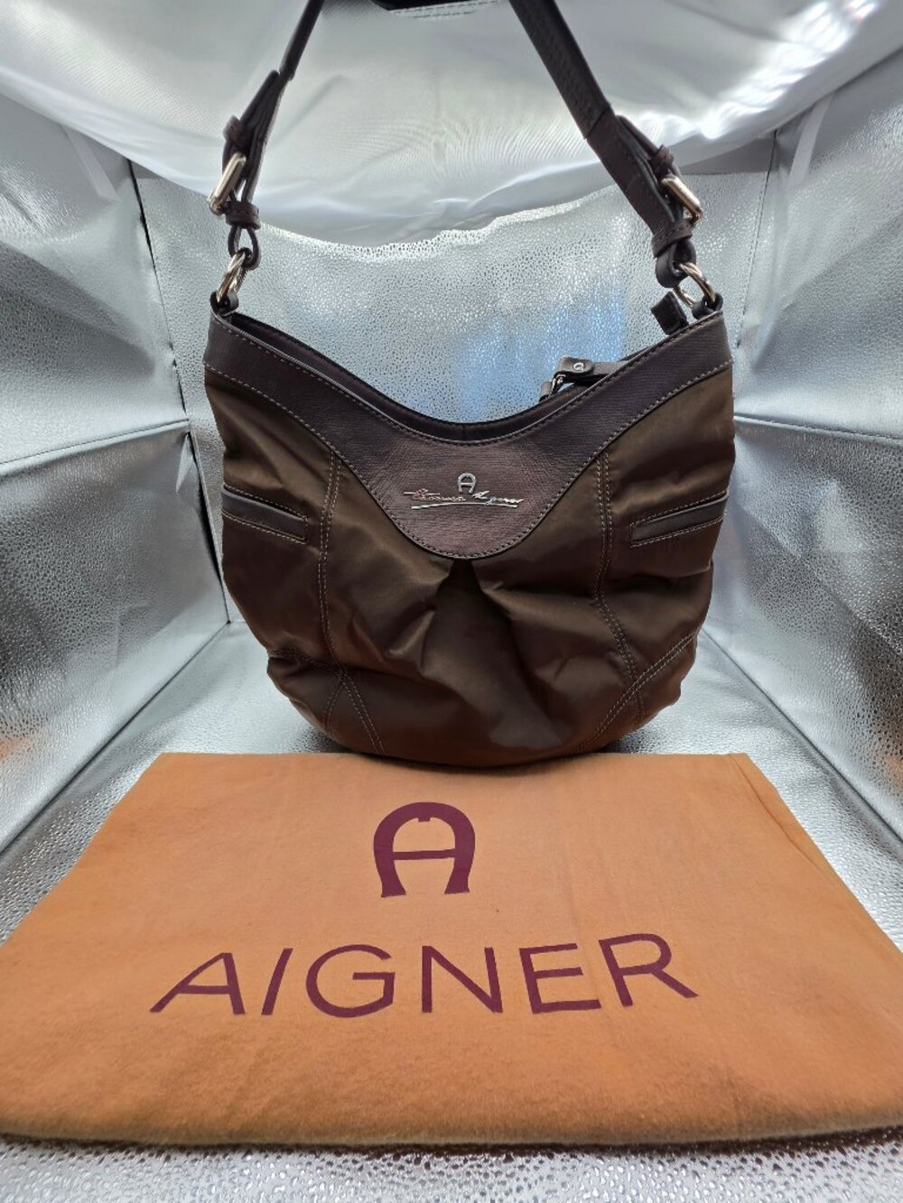 🤎 Etienne Aigner Hobo Shoulder Bag – Dark Brown Nylon & Leather